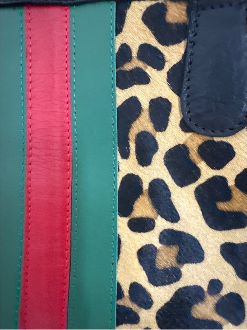 Parker & Hyde Leopard Print Haircalf Tote Bag Green & Red Stripe - Picture 2 of 6